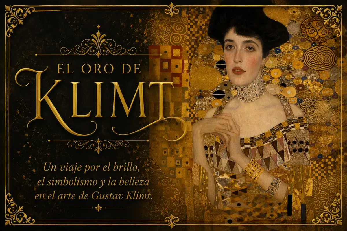 Cartel del taller: el retrato dorado de Adele Bloch-Bauer de Klimt sobre fondo negro con motivos geométricos, junto al título «El oro de Klimt»