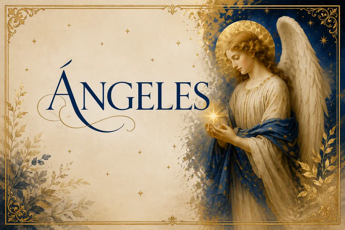 Cartel del taller: un ángel de túnica azul y alas blancas sostiene una luz entre las manos, sobre fondo claro con orla dorada, junto al título «Ángeles»