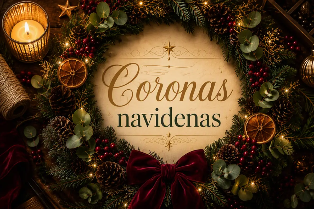 Cartel del taller: una corona navideña de ramas de pino, piñas, frutas secas y lazo granate, iluminada por velas, junto al título «Coronas navideñas»