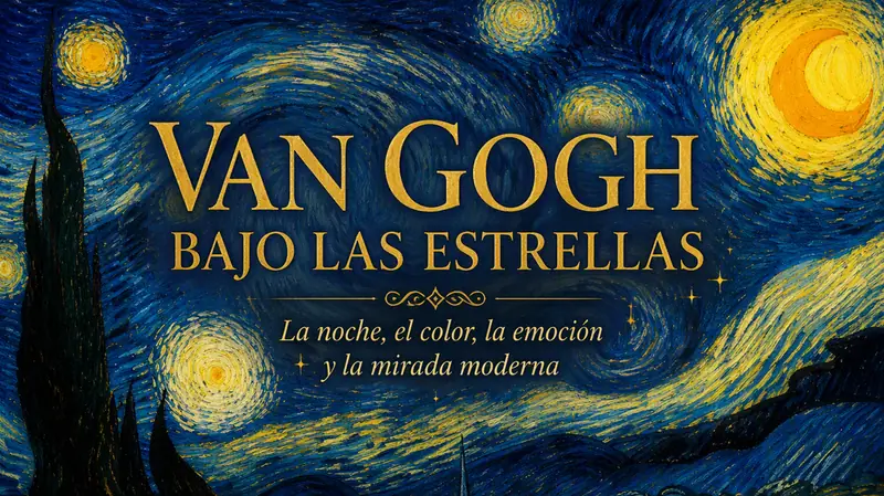 Cartel del taller: el cielo en espirales azules y amarillas de «La noche estrellada» de Van Gogh, junto al título «Van Gogh bajo las estrellas»