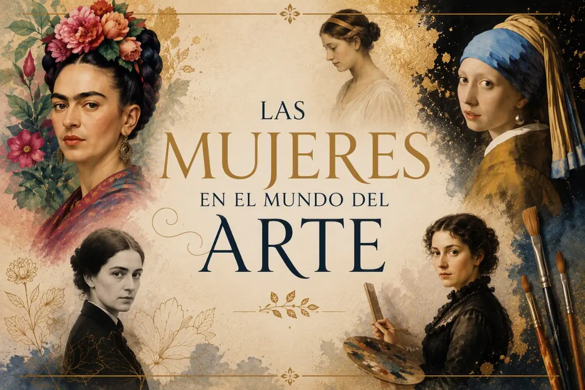 Cartel del taller: collage de retratos de mujeres del arte —entre ellas Frida Kahlo y la joven de la perla— con flores y pinceles, junto al título «Las mujeres en el mundo del arte»