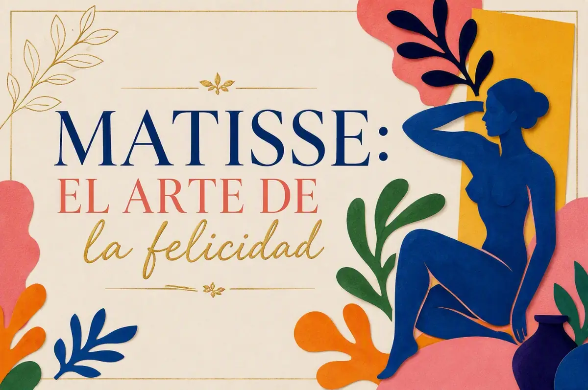 Cartel del taller: recortes de papel de colores y la silueta azul de una figura sentada, al modo de los gouaches de Matisse, junto al título «Matisse: el arte de la felicidad»