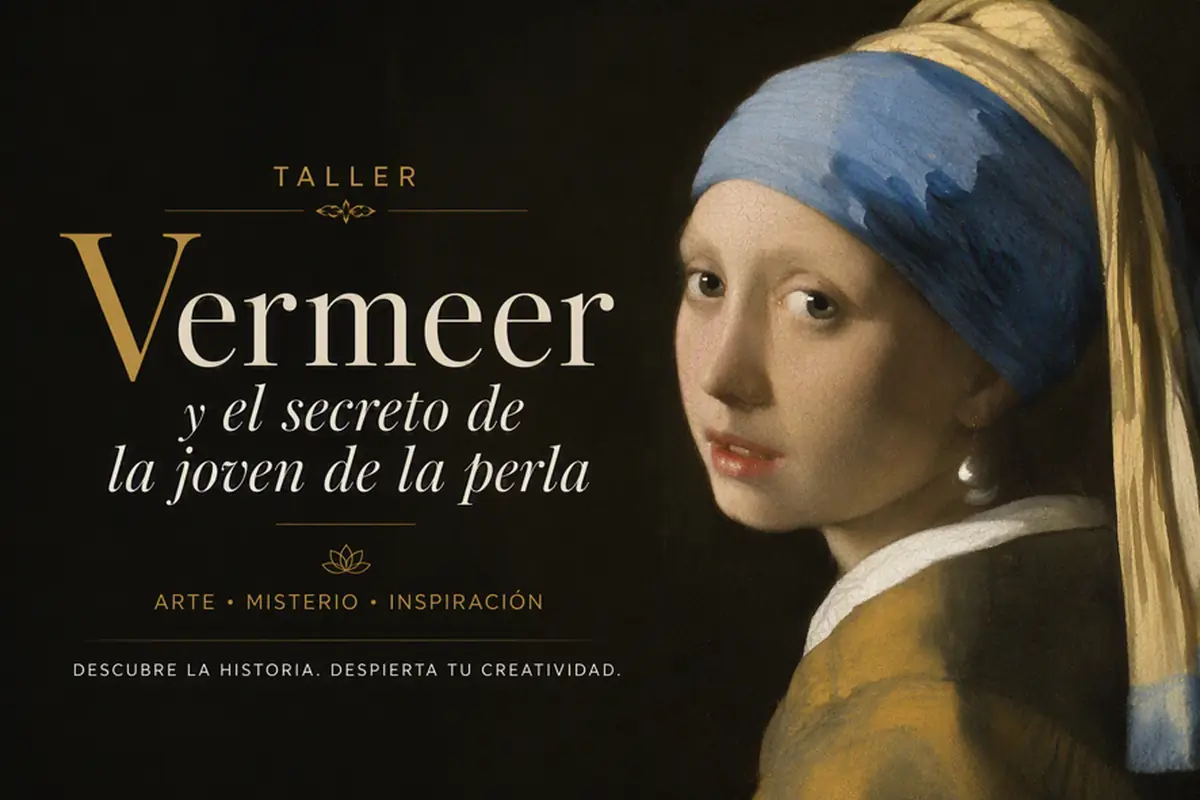 Cartel del taller: «La joven de la perla» de Vermeer, con su turbante azul y dorado, junto al título «Vermeer y el secreto de la joven de la perla»