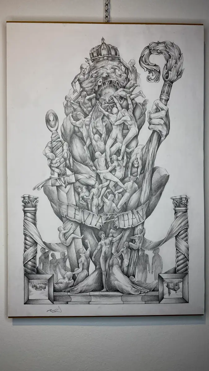 Dibujo de Axel de una composición alegórica con figuras entrelazadas, una corona y la palabra LEVIATHAN