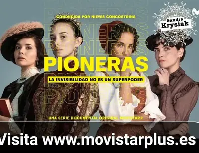 Cartel de la serie «Pioneras», conducida por Nieves Concostrina, con el lema «La invisibilidad no es un superpoder» y el nombre de Sandra Krysiak